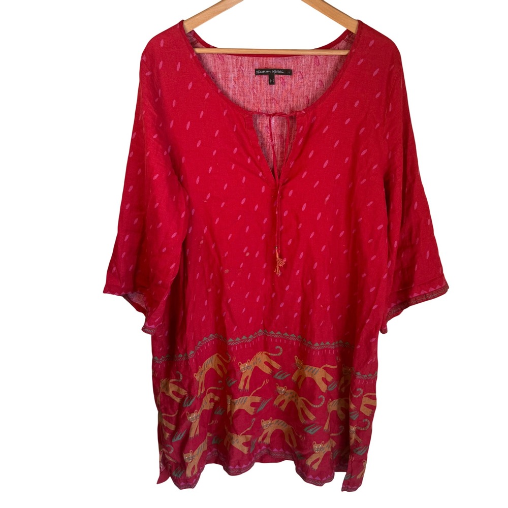 Gudrun Sjoden Tiger Print Womens Large‎ Red Linen Blend Boho Lagenlook Dress